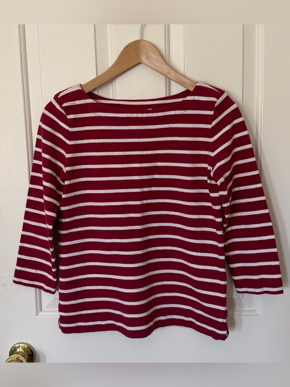 LOFT Red and White Striped Boatneck Long Sleeve Top